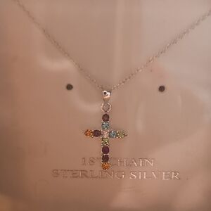 Sterling Silver NEW 18" Multicolor Cross Pendant Necklace